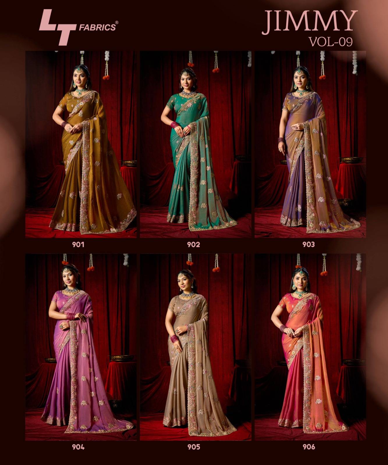 JIMMY VOL-09 By LT Fabrics 901 To 906 Series  Indian Traditional Wear Collection Beautiful Stylish Fancy Colorful Party Wear Fancy Silk Sarees At Wholesale Price